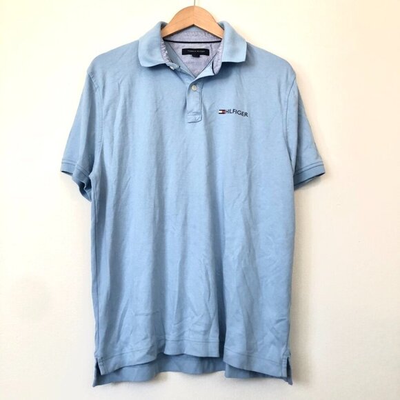TOMMY HILFIGER Mens Light Blue Short Sleeve Logo Spellout 100% Cotton Polo Shirt - Picture 1 of 11